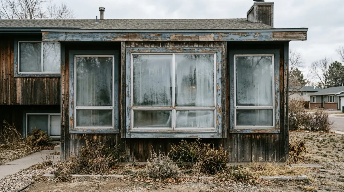 Aging aluminum-frame windows on a Colorado Springs home before replacement