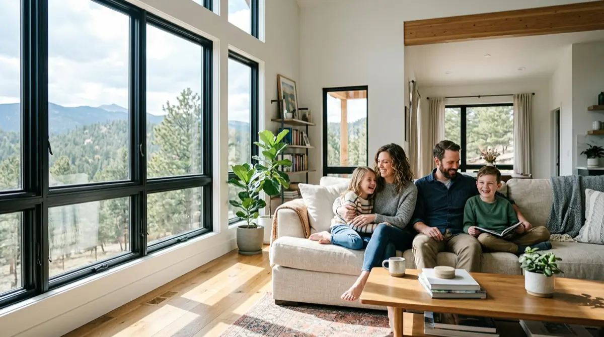 Family enjoying natural light through new energy-efficient windows in their Colorado home