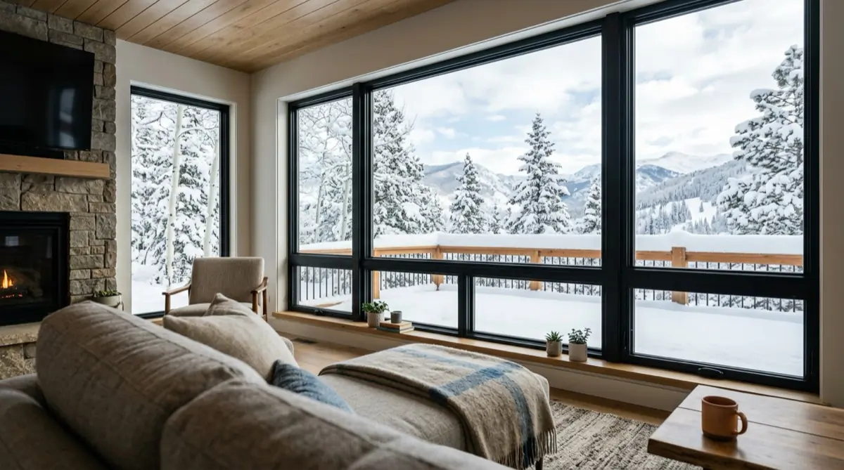 Warm, well-insulated home interior with snow visible through modern windows