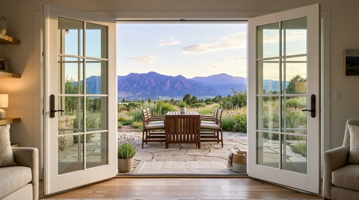 Beautiful French doors open to a Colorado backyard with mountain views