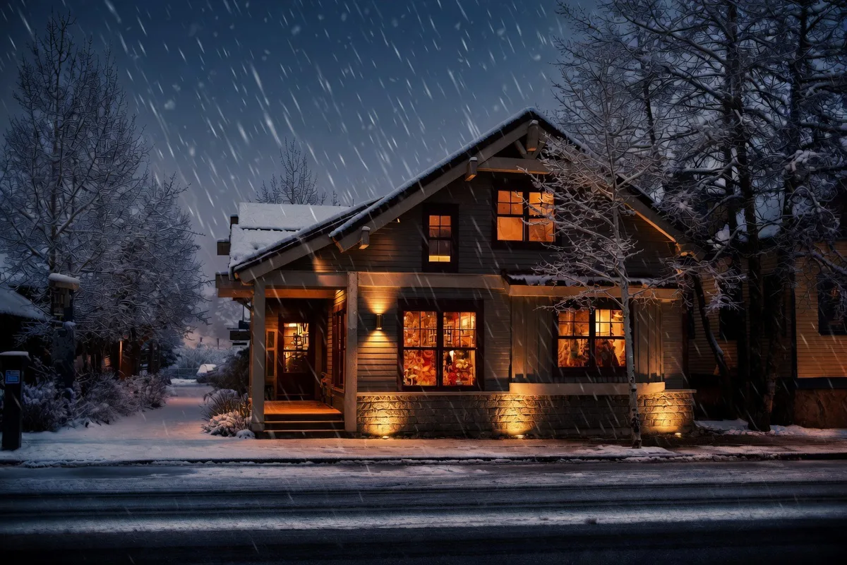 Snowy night cottage, lit interior — Colorado Springs. Cottage home, Energy-efficient, Winter comfort.