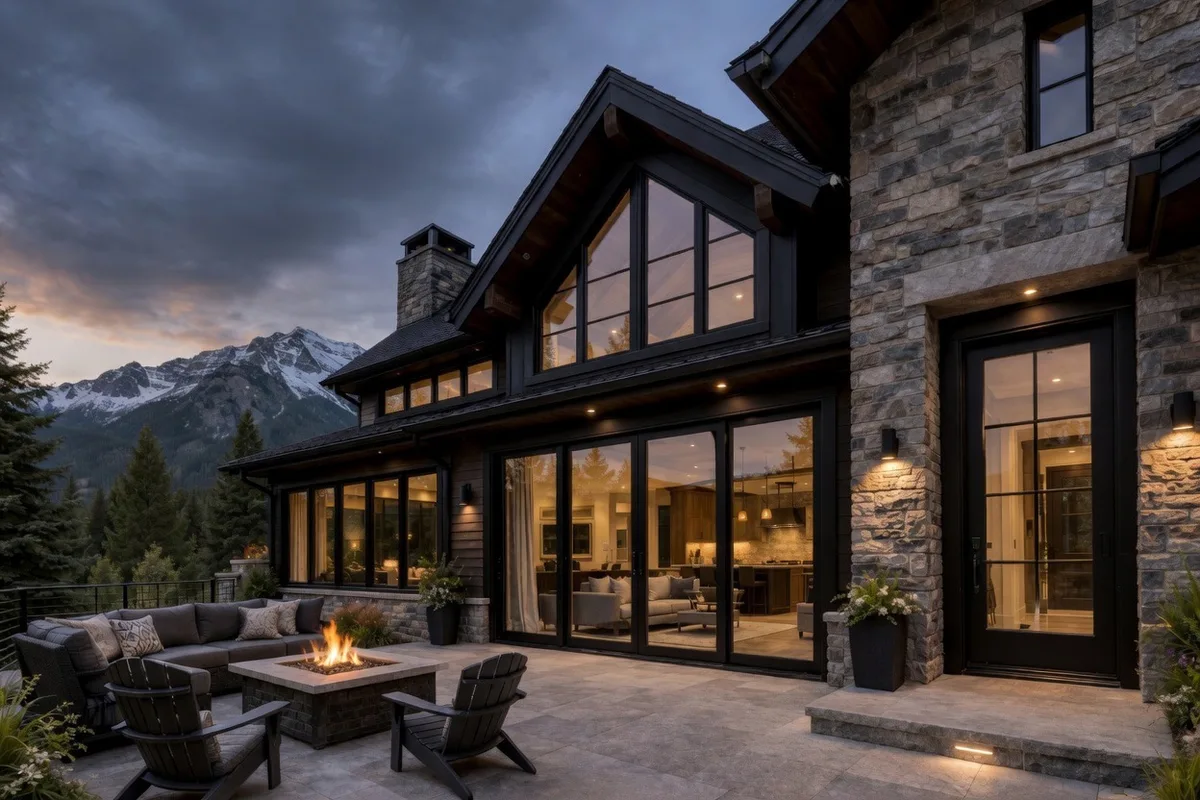 Mountain-modern showcase — Front Range, near Pikes Peak. Multi-slide patio doors, Picture windows, Andersen 400 Series.