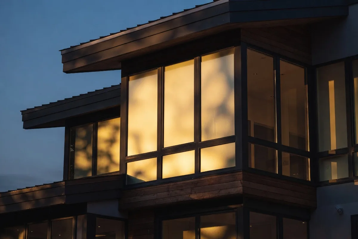 Corner window wall, blue hour — Colorado Springs. Picture windows, Casement, Andersen A-Series.