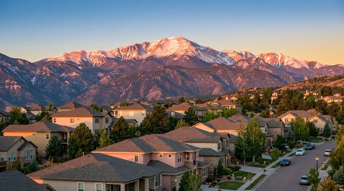 Colorado Springs Front Range landscape at golden hour with Pikes Peak in background